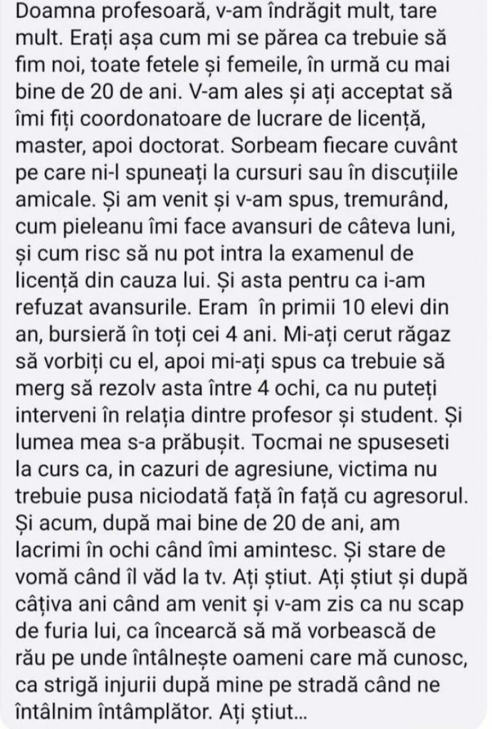 Reacție fostă studentă a lui Marius Pieleanu pe Facebook