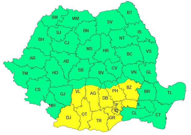 Avertizare Cod galben de vânt, valabilă în intervalul 01 aprilie, ora 10 – 01 aprilie, ora 20 - Hartă ANM