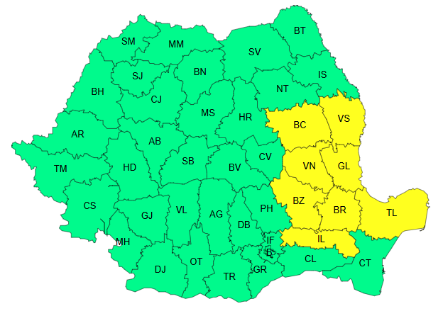 Avertizare Cod galben de vânt, valabilă în intervalul 02 aprilie, ora 06 - 02 aprilie, ora 21 - Hartă ANM