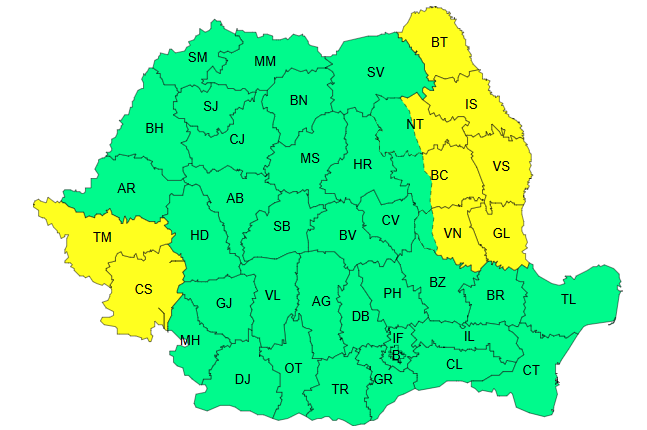 Cod galben de vânt valabil în intervalul 17 aprilie, ora 10 – 17 aprilie, ora 23 - Hartă ANM
