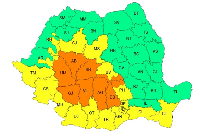 Cod portocaliu și cod galben valabile în 26 aprilie, în intervalul orar 14 – 22 / Hartă ANM