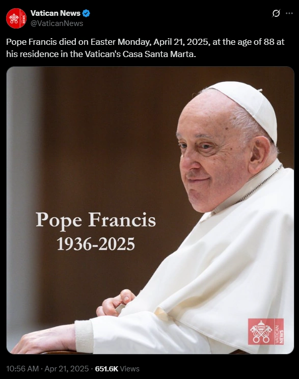 Vaticanul a anunțat decesul pe X