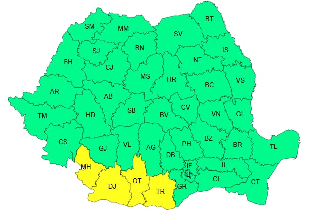 Cod Galben de caniculă, valabil pe 18 iunie, interval orar 12-21 - Hartă ANM