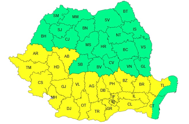 Cod Galben de caniculă, valabil pe 19 iunie, interval orar 12-21 - Hartă ANM