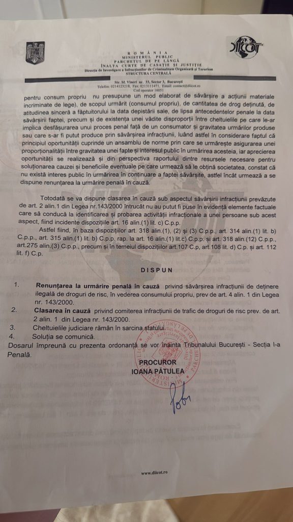 Documentul DIICOT privind renunțarea la urmărirea penală