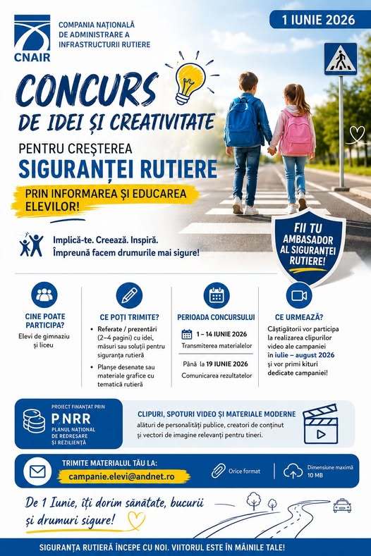 CNAIR, concurs de idei şi creativitate pentru creşterea siguranţei rutiere prin informarea şi educarea elevilor