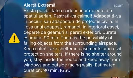 Mesaj RO-alert pentru zona de nord-est a județului Tulcea. Locuitorii, sfătuiți să se adăpostească