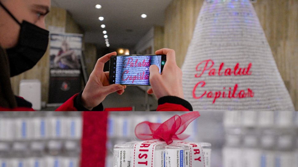 Brad de Crăciun făcut din 19.000 de doze de vaccin la centrul de vaccinare de la Palatul Copiilor din București