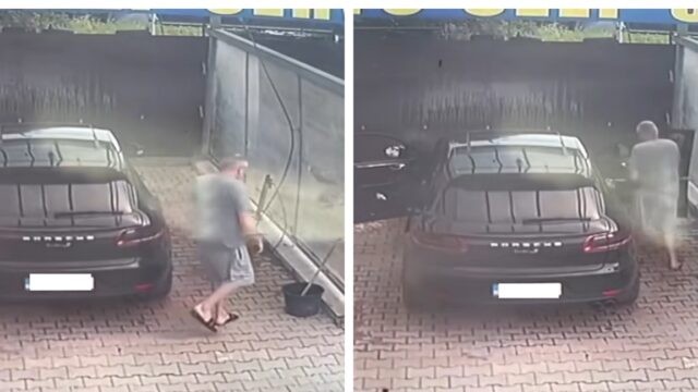 Șofer cu Porsche filmat când fura o găleată și un mop dintr-o bezinarie