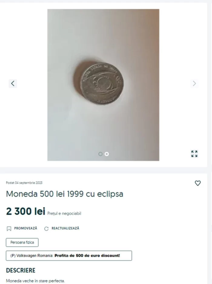 Anunț OLX cu moneda de 500 de lei din 1999