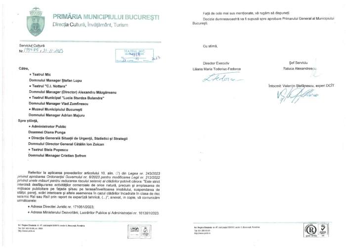 Circulara trimisă de PMB vizează mai multe instituții culturale din București