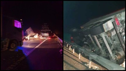 Accident grav între două TIR-uri pe Autostrada A2. Unul dintre ele s-a răsturnat blocând traficul