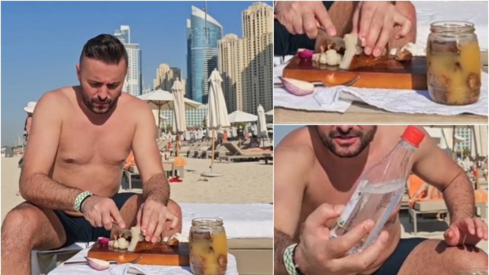 Doi români au mâncat slănină şi ceapă pe plaja din Dubai. Imaginile au devenit virale VIDEO