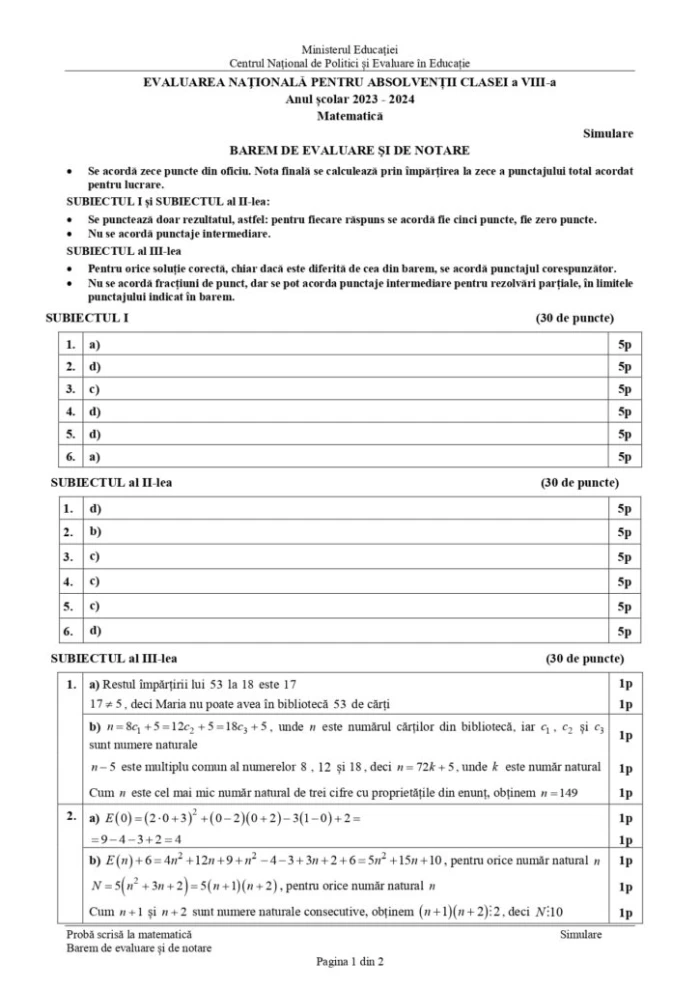 Barem corectare Evaluare Națională Matematică