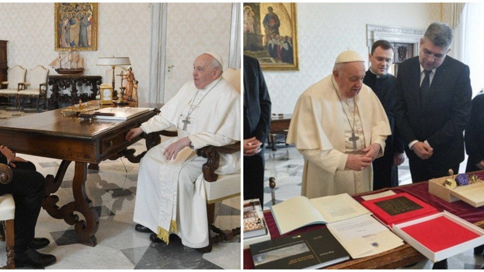 Epopeea lui Marcel Ciolacu la Roma. Premierul României a făcut schimb de cadouri cu Papa Francisc și s-a întâlnit cu Giorgia Meloni FOTO  și VIDEO UPDATE