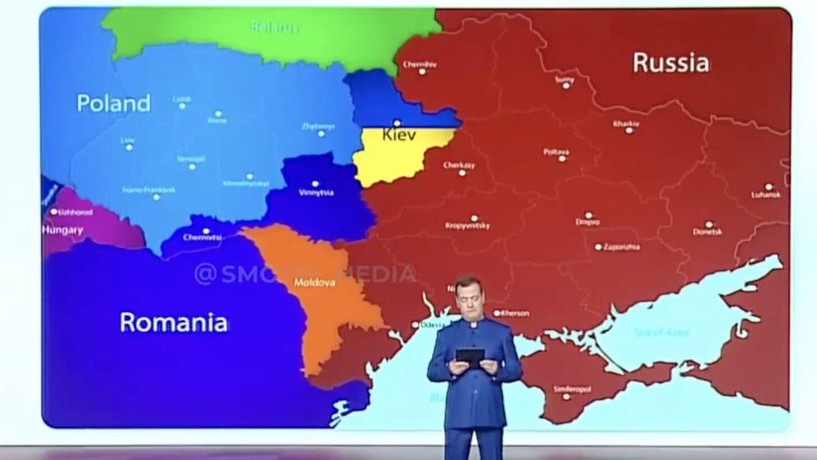 România vecină cu Rusia Medvedev discurs în spatele unei hărți în care Ucraina este împărțită total Ucraina este Rusia
