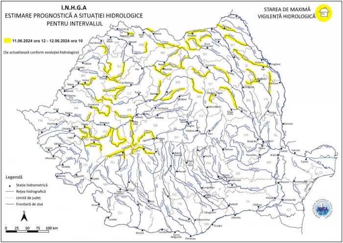 Pericol de inundații, alertă INHGA în 21 de județe! Cod galben de viituri până miercuri dimineață pe zeci de râuri din România
