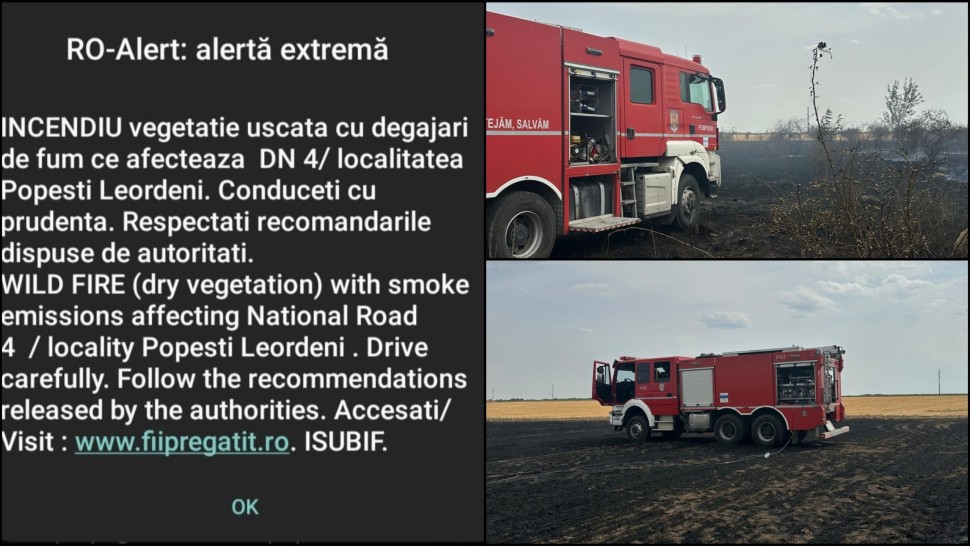 Un incendiu de vegetație din Popești-Leordeni s-a extins la o locuință și la o autospecială ISU Populația avertizată printr-un mesaj RO-Alert VIDEO UPDATE