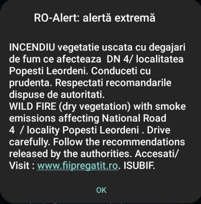 Un incendiu de vegetație din Popești-Leordeni s-a extins la o locuință și la o autospecială ISU! Populația, avertizată printr-un mesaj RO-Alert