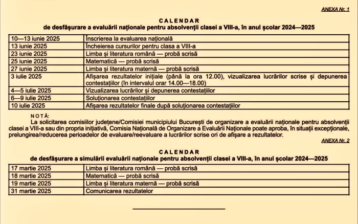 Calendar Evaluarea Națională 2025