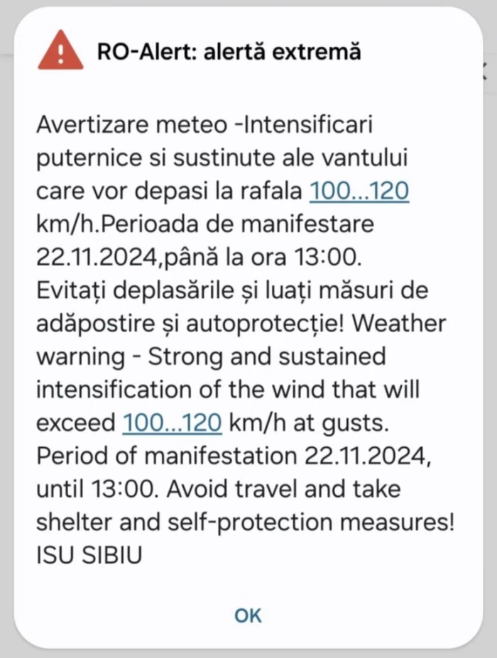 Mesaje RO-ALERT în Sibiu din cauza vântului puternic