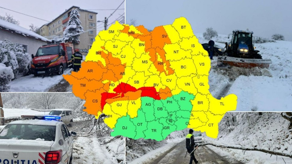 Ninge puternic în România ANM impune cod roșu portocaliu și galben de viscol și ninsori abundente. TIR-uri blocate pe DN 1 în Brașov | HARTĂ UPDATE