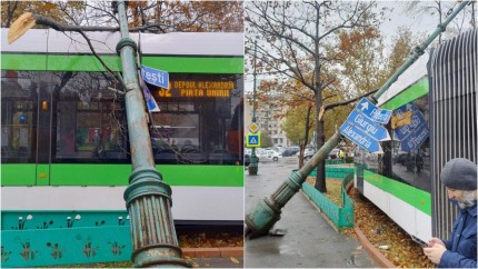 Un stâlp de iluminat s-a prăbușit peste un tramvai la Piața Unirii. Circulația este blocată