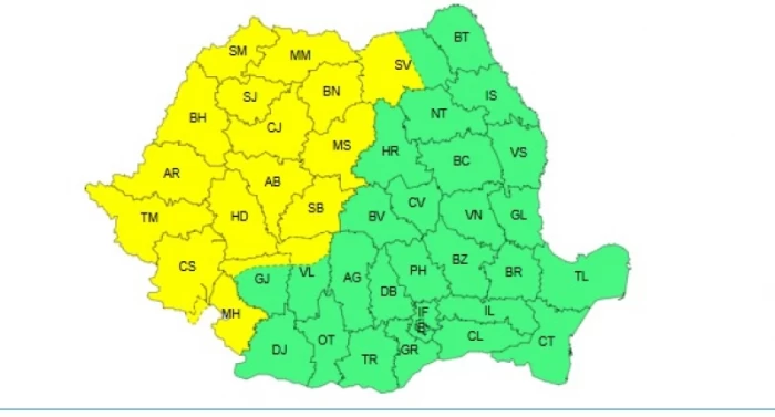 Zonele afectate de codul galben de vreme severăFoto: ANM