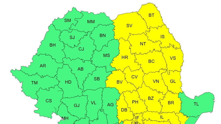 Alertă meteo ANM în România Ploi torențiale descărcări electrice și intensificări ale vântului până luni. Cod galben de furtuni cu vijelii și grindină în zeci de județe HARTĂ
