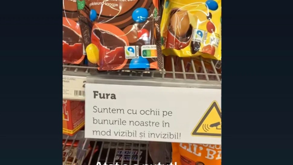 Olandezii au lipit mesaje în limba română la rafturile din supermaketuri Nu fura. Suntem cu ochii pe bunurile noastre