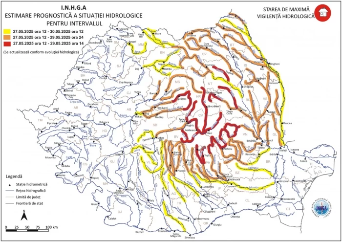 Alerta hidrologilor este în vigoare până pe 29 mai, la ora 14:00, în 11 județe
