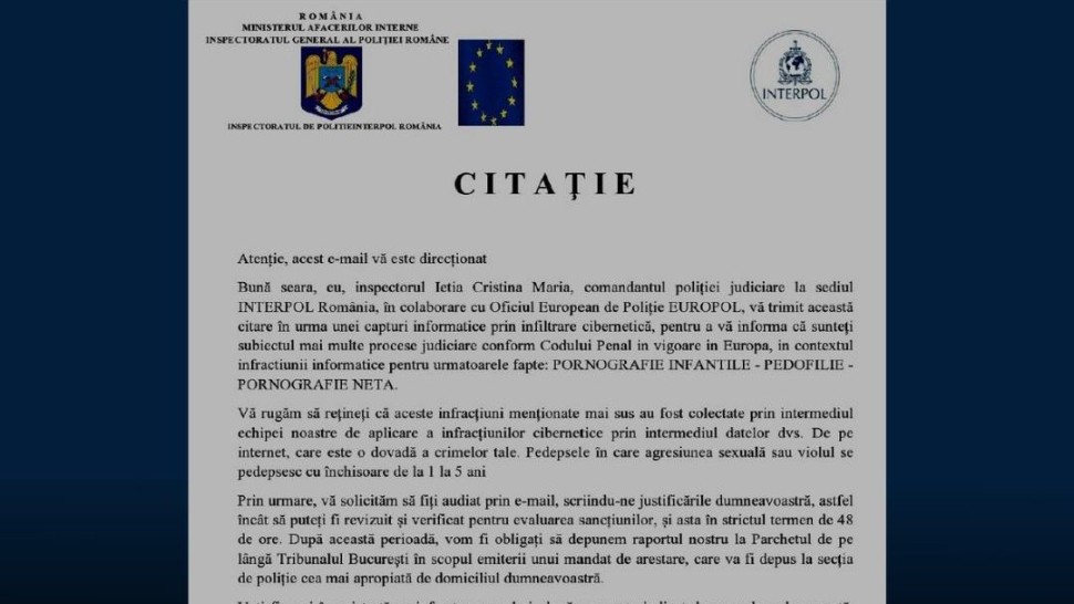 Românii primesc citații false de la Poliție Interpol și Europol. Avertismentul autorităților tentativă clară de fraudă şi de a speria oamenii