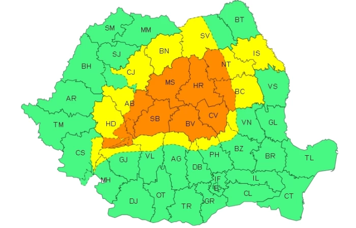 Alertă meteo ANM! Cod portocaliu de ploi torențiale, grindină și vijelii în următoarele 24 de ore în Transilvania HARTĂ