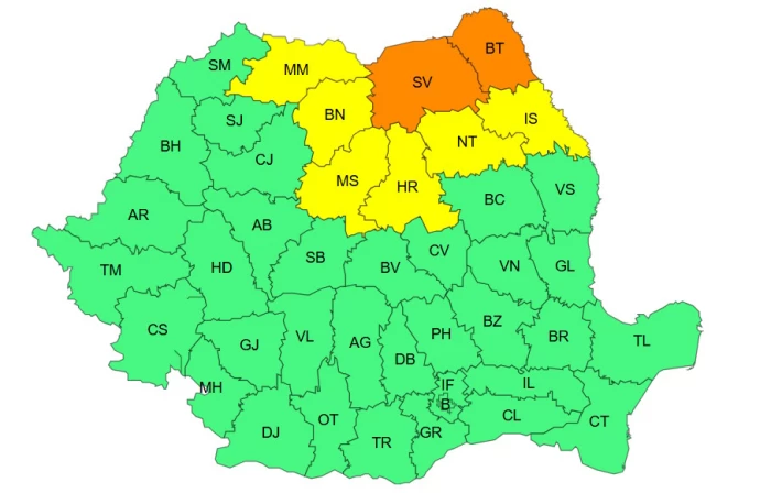 Cod Galben și Portocaliu de averse și instabilitate atmosferică accentuată sursa foto: ANM