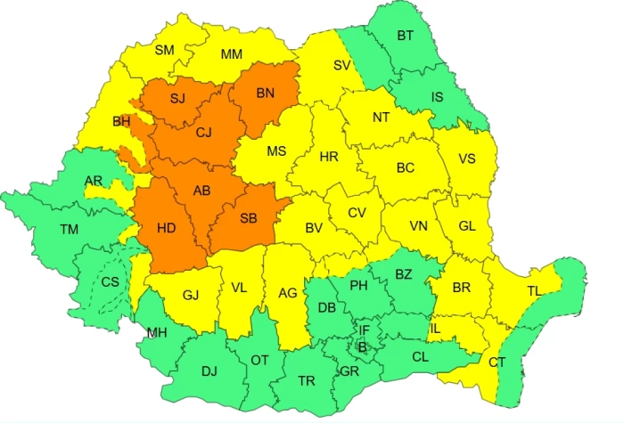 Cod portocaliu și galben ANM în zeci de județe din România! Ploi torențiale și furtuni violente cu vânt puternic până duminică seara | HARTĂ