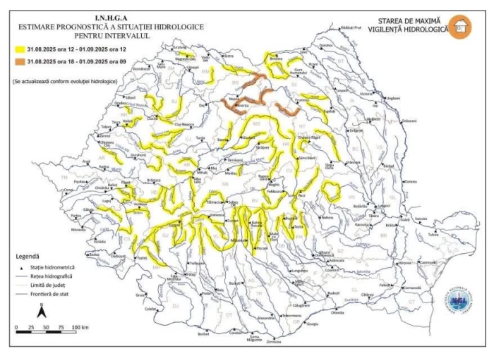 Risc de inundații până luni dimineața! Cod portocaliu și galben pe râuri din mai multe județe HARTĂ