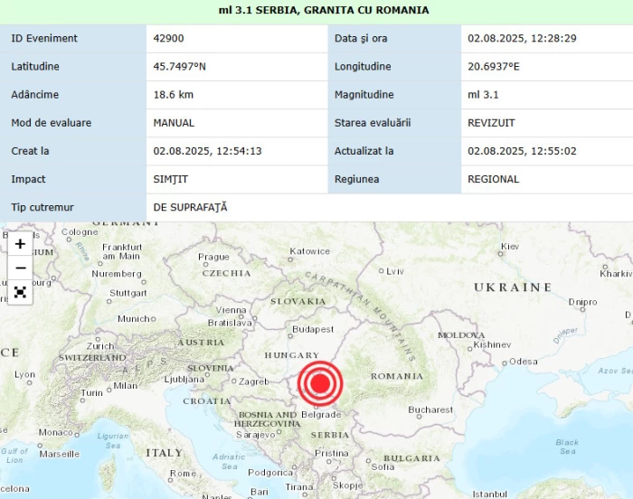 Cutremure în România și la granița cu Serbia