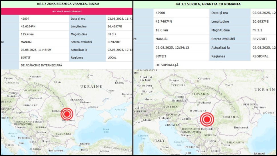 Cutremur notabil în România sâmbătă 2 august 2025. Un alt seism a avut loc la granița cu Serbia