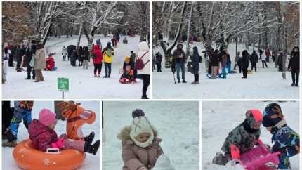 După ninsorile din ultimele ore parcurile din București au fost luate cu asalt de sute de copii | Foto