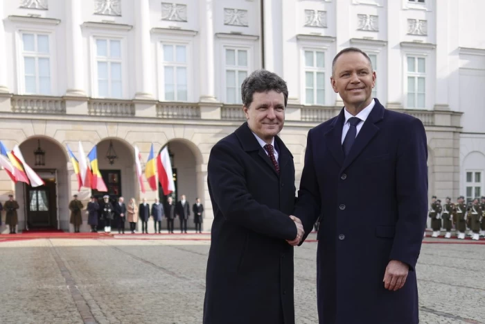 Ceremonia oficiala organizata la Palalatul Prezidential la debutul vizitei oficiale a presedintelui Romaniei, Nicusor Dan, la omologul sau polonez, Karol Nawrocki, in Varsovia, 5 martie 2026. Nicușor Dan și președintele Poloniei Inquam Photos / Octav Ganea
