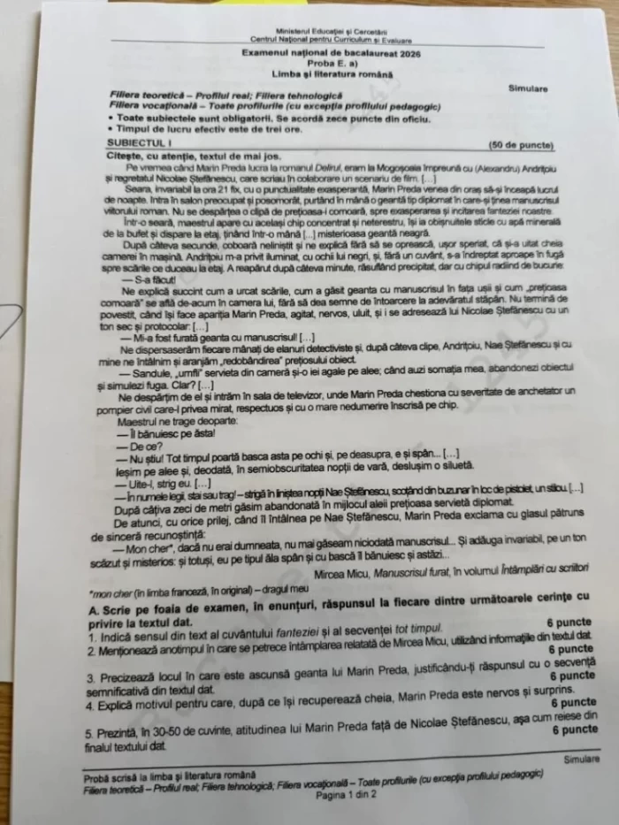 Subiecte Simulare Limba Română