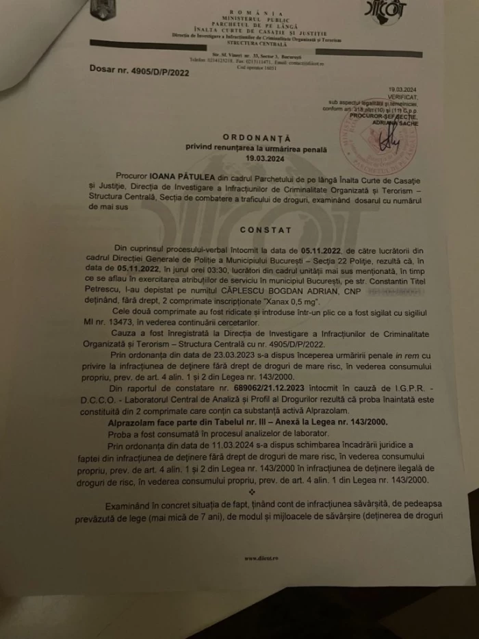 Documentul DIICOT privind renunțarea la urmărirea penală