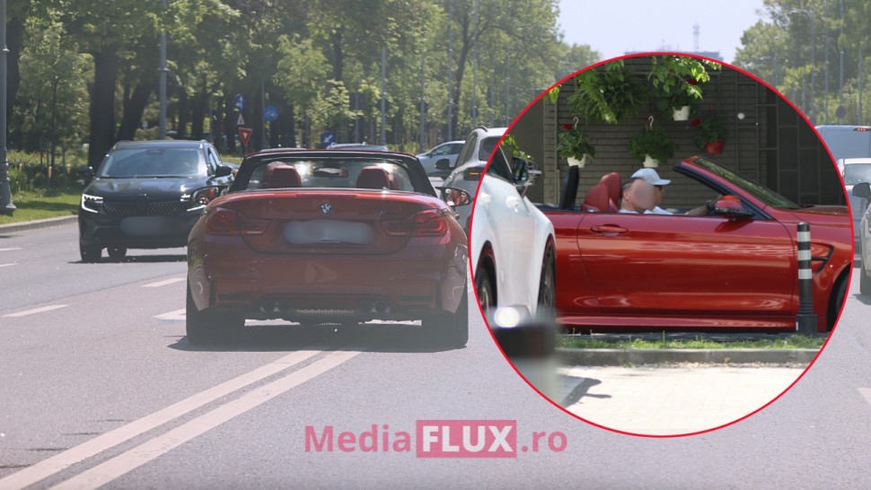 PAPARAZZI Ștefan Bănică Junior taie linia continuă cu BMV-ul decapotabil prin oraș Bolidul roșu sare-n ochi FOTO