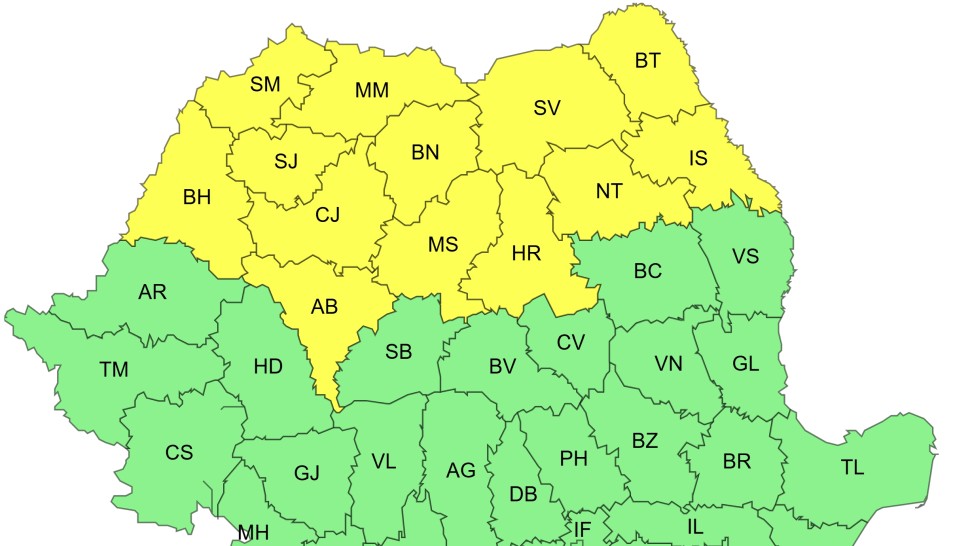 Alertă meteo ANM cod galben de furtuni în Maramureş cea mai mare parte a Transilvaniei nordul Crişanei şi al Moldovei. Vânt de 50-70 de kilometri la oră şi cantităţi de apă însemnate HARTĂ