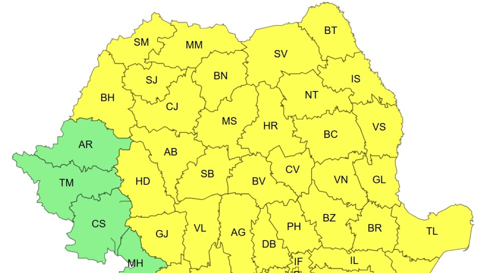 Alertă meteo în aproape toată România Cod galben de vijelii vânt puternic instabilitate atmosferică și averse prelungit până joi HARTĂ