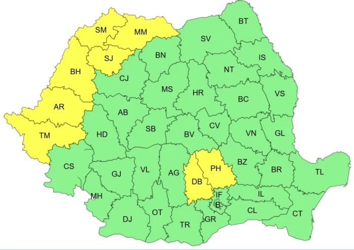 Cod galben de  instabilitate atmosferică, intensificări ale vântului, vijelii, averse torențiale însemnate cantitativ