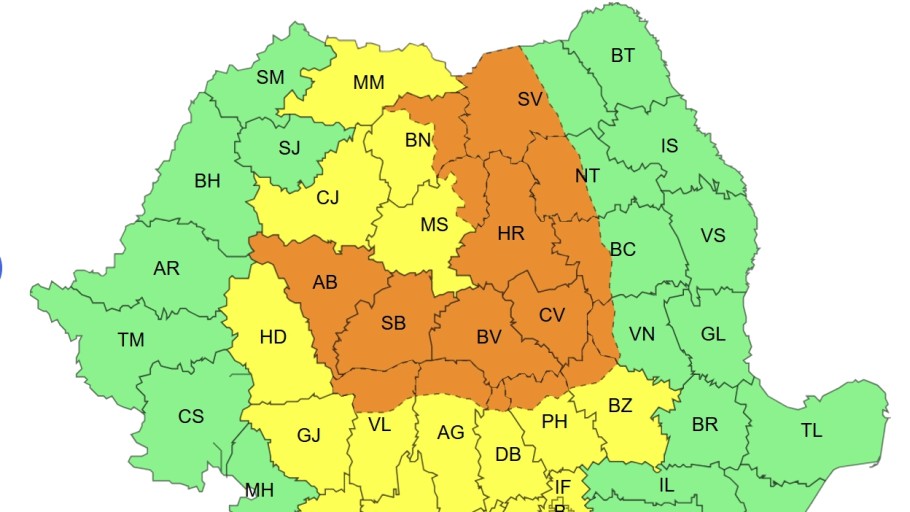 Alerte meteo ANM cod portocaliu și galben de vijelii puternice averse torențiale grindină vânt fulgere inclusiv în București HARTĂ