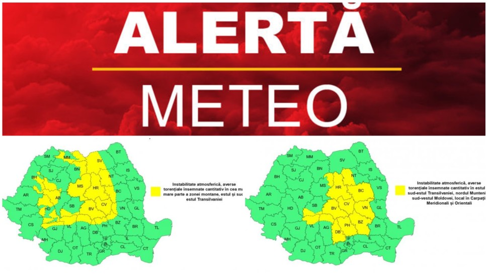 Alertă meteo. Ploi torențiale cu vijelii și grindină. Harta zonelor care intră sub cod galben de vreme severă