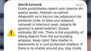 Mesaj RO-Alert emis pentru nordul județului Tulcea Există posibilitatea căderii unor obiecte din spaţiul aerian