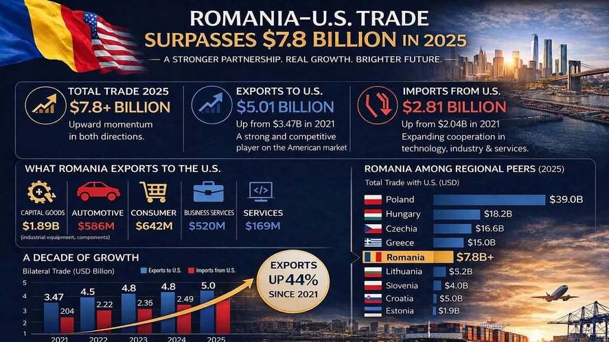Schimburile comerciale dintre România și SUA au crescut la 78 miliarde de dolari în 2025. România ia fața Bulgariei sau Croaţiei